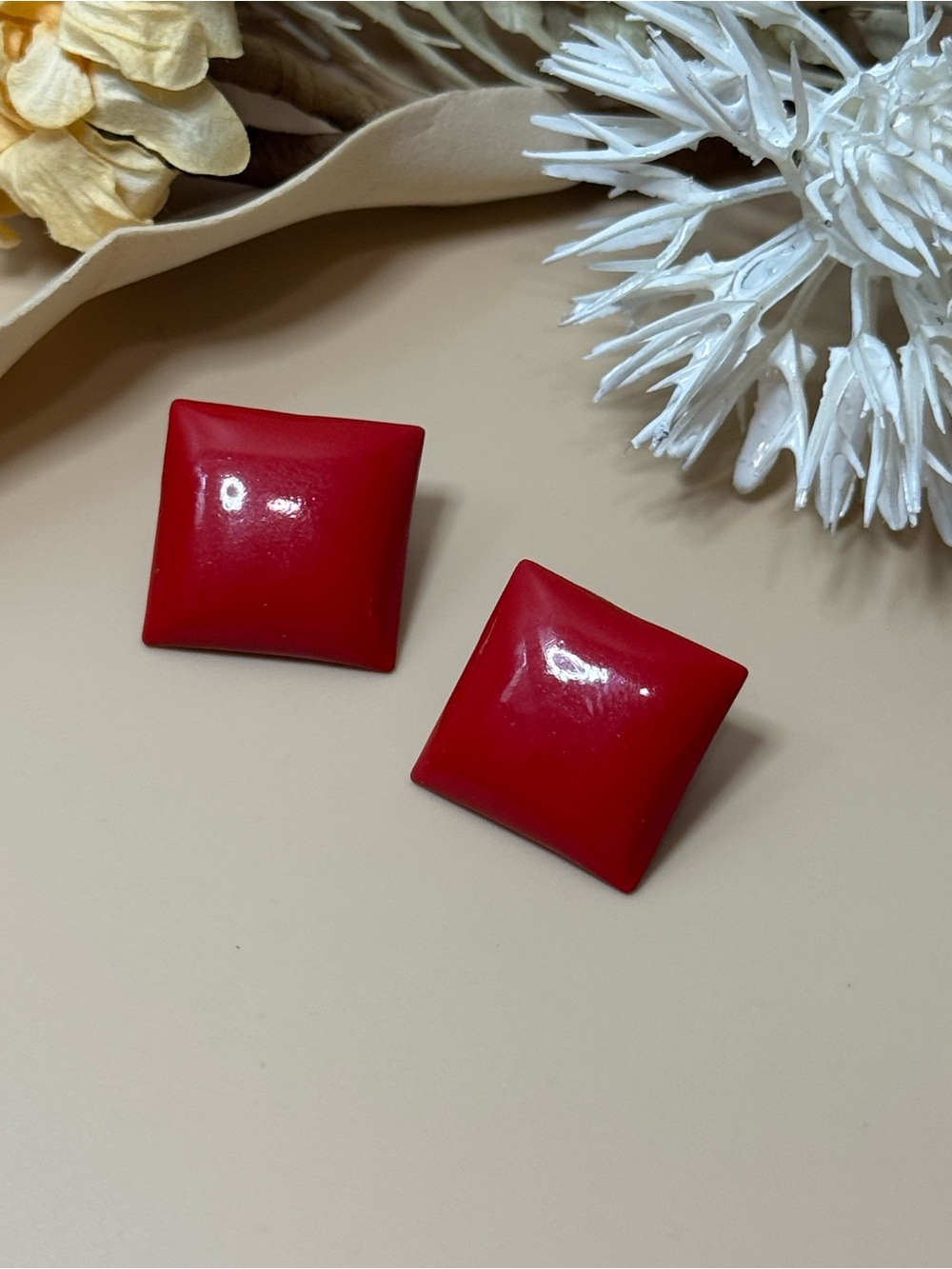 Vintage Red Square Domed Statement Stud Earrings Retro Geometric Jewelry